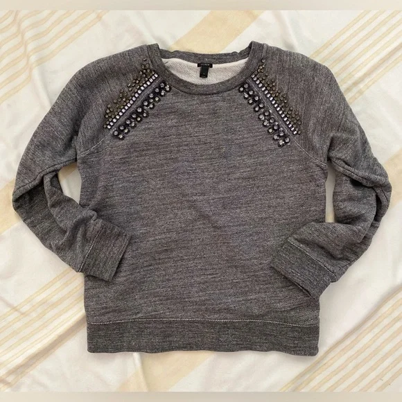 J. Crew 💎 Beloved Bejeweled Sweatshirt, Black Label, Raglan Sleeve, SZ L - Picture 3 of 14